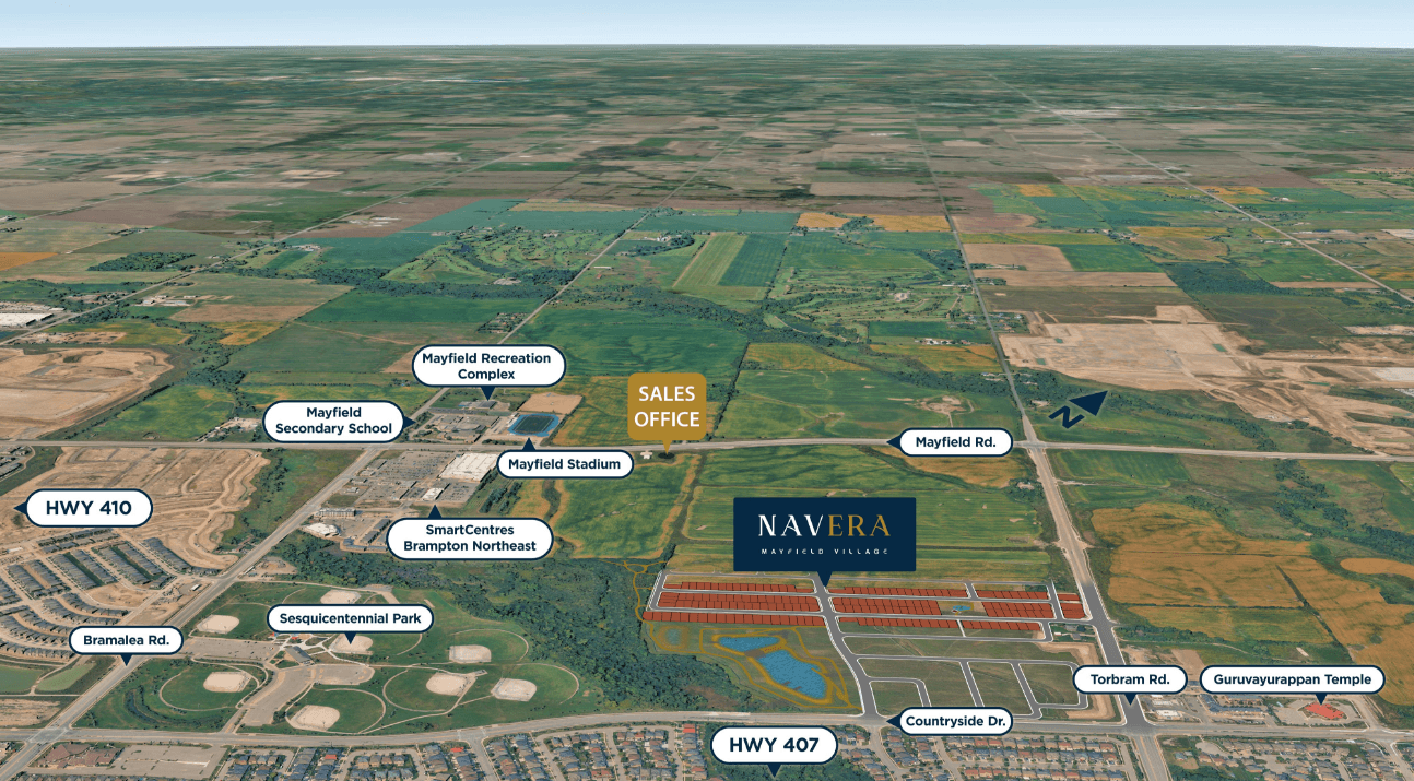 Builder illustration of Navera at Mayfield Village at Countryside Drive and Torbram Road, with nearby roads and places labeled